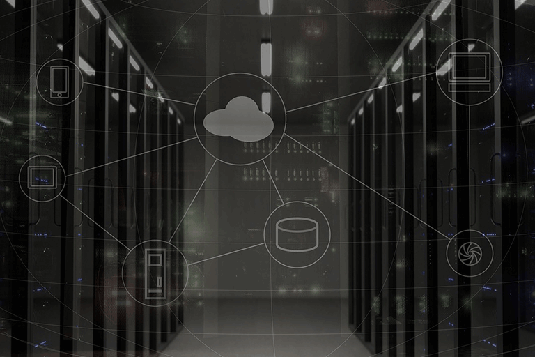Data centre with racks and cloud diagram over top